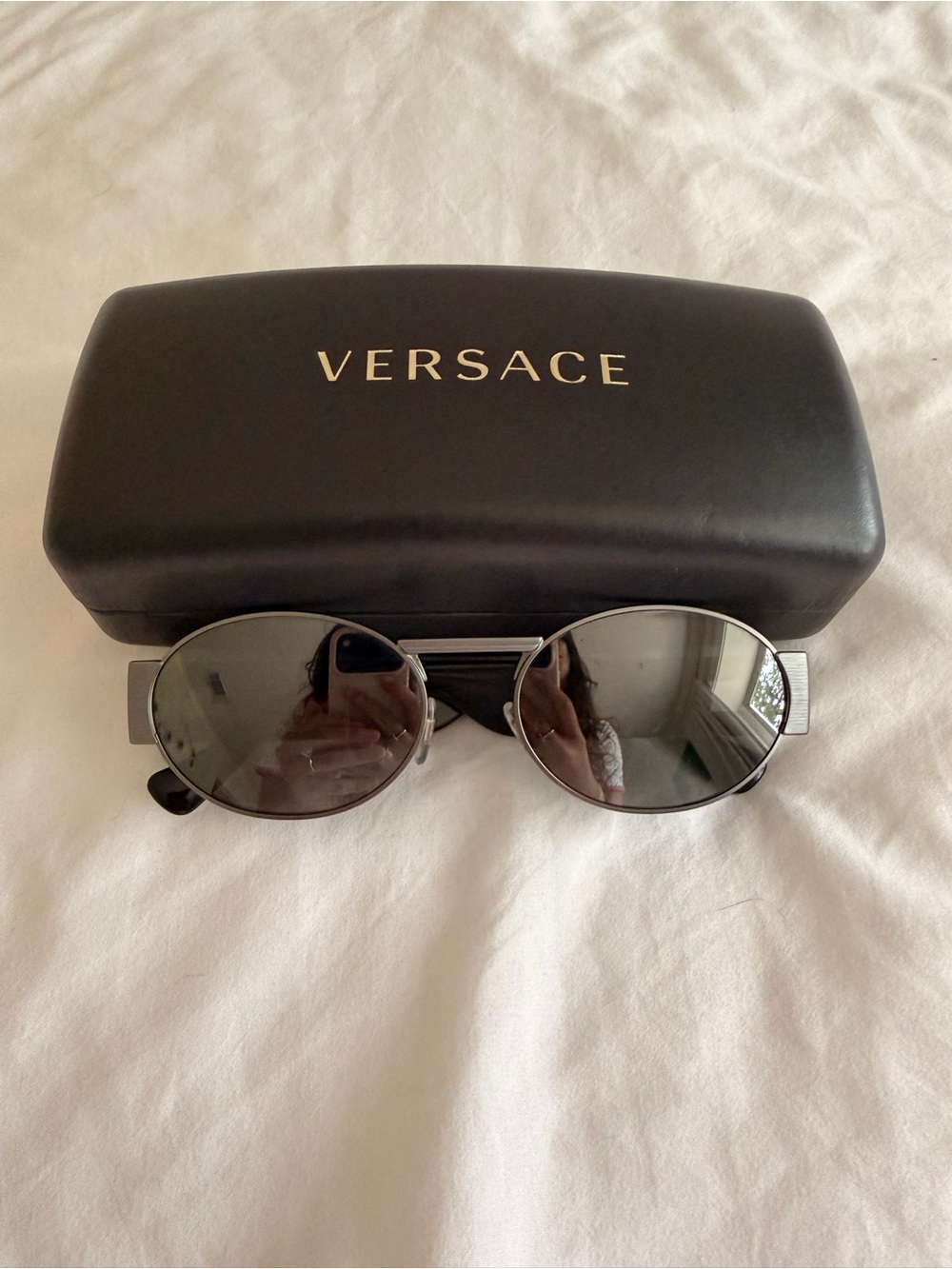 Versace unisex Silver Metal Oval Sunglasses with Dark Lenses